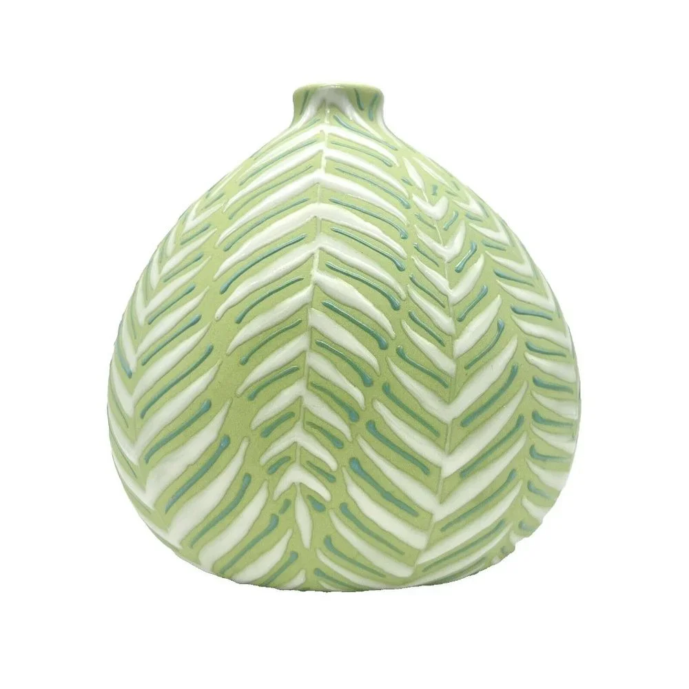 Crate and Barrel Leaf Vase Green and White with Enamel Fern Leaves Botanical - Picture 3 of 8